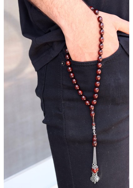 Fırınlanmış Osmanlı Benzetmesi Gümüş Püsküllü Sıkma Kehribar Tesbih 201022258 indirimleri