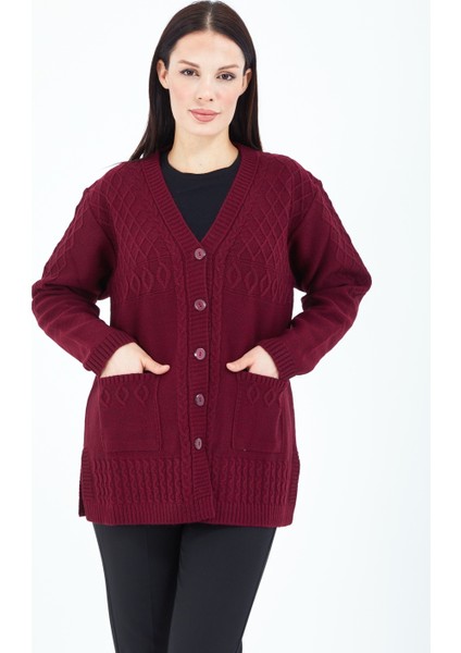 Kadın V Yaka Bordo Düğmeli Cepli Örgü Yün Anne Triko Kısa Hırka
