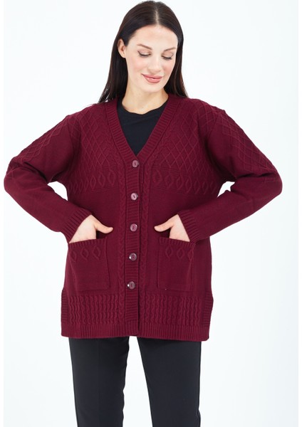 Kadın V Yaka Bordo Düğmeli Cepli Örgü Yün Anne Triko Kısa Hırka fiyatları