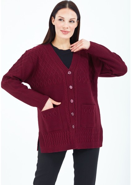 Kadın V Yaka Bordo Düğmeli Cepli Örgü Yün Anne Triko Kısa Hırka modelleri