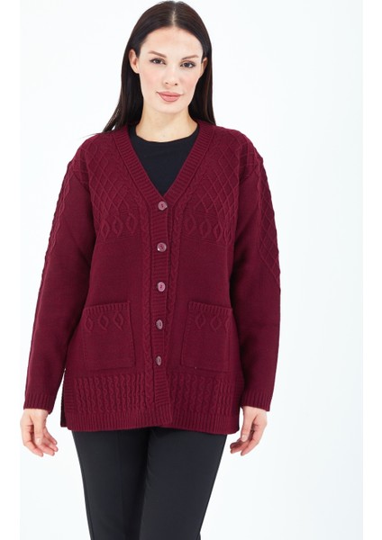 Kadın V Yaka Bordo Düğmeli Cepli Örgü Yün Anne Triko Kısa Hırka fırsatları