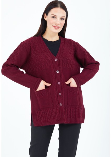 Kadın V Yaka Bordo Düğmeli Cepli Örgü Yün Anne Triko Kısa Hırka indirimleri