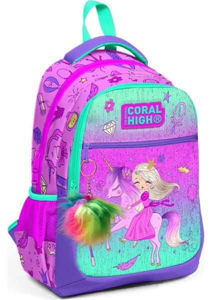 Üç Gözlü Kız Çocuk Ilk ve Orta Okul Çantası - Pembe Yeşil Unicorn ve Prenses