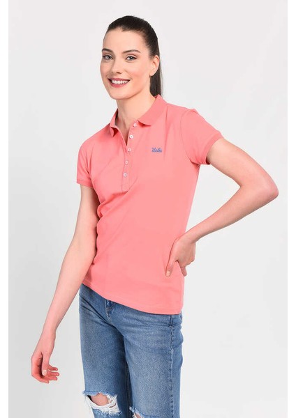 SHAVER Pembe Polo Yaka Nakışlı Kadın Tshirt