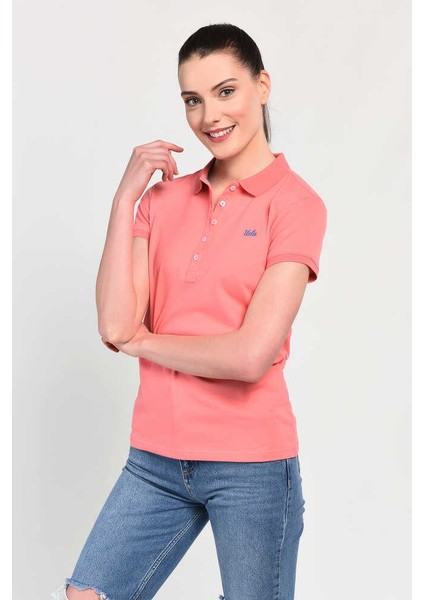 SHAVER Pembe Polo Yaka Nakışlı Kadın Tshirt