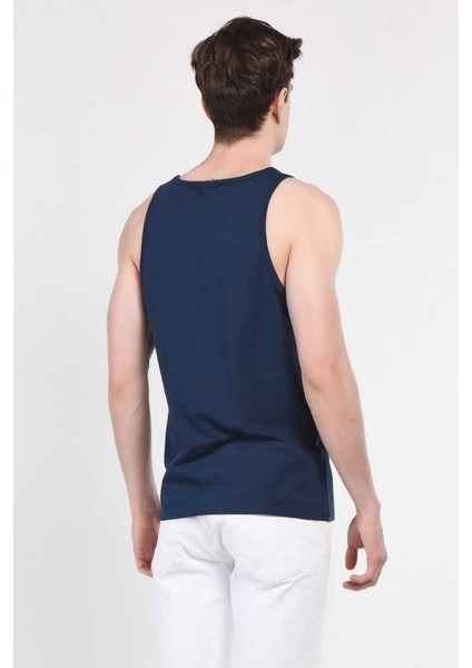 Pebble Lacivert Sıfır Kol Oversize Baskılı Erkek Tshirt
