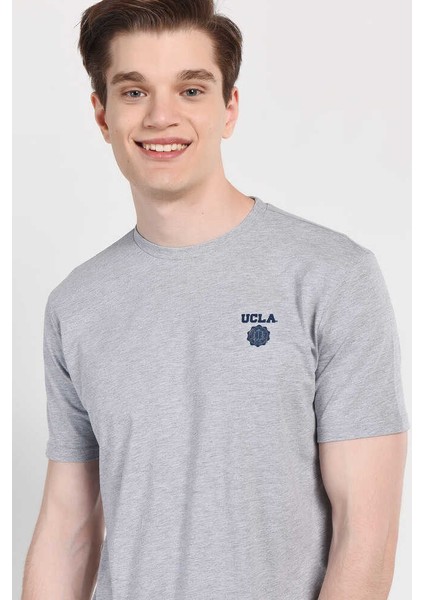 Bass Gri Bisiklet Yaka Baskılı Erkek Tshirt
