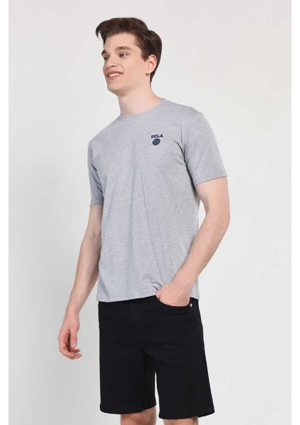 Bass Gri Bisiklet Yaka Baskılı Erkek Tshirt