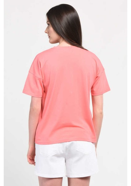 Avalon Pembe Bisiklet Yaka Baskılı Kadın Tshirt