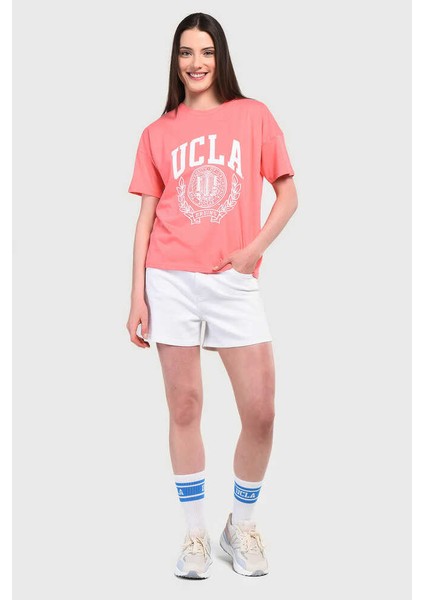 Avalon Pembe Bisiklet Yaka Baskılı Kadın Tshirt