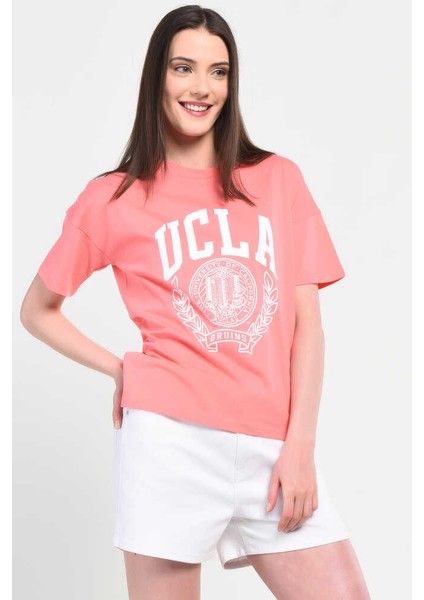 Avalon Pembe Bisiklet Yaka Baskılı Kadın Tshirt
