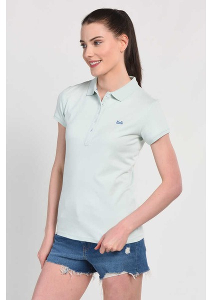 Shaver Mavi Polo Yaka Nakışlı Kadın Tshirt