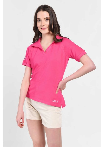 Melrose Pembe Polo Yaka Nakışlı Kadın Tshirt