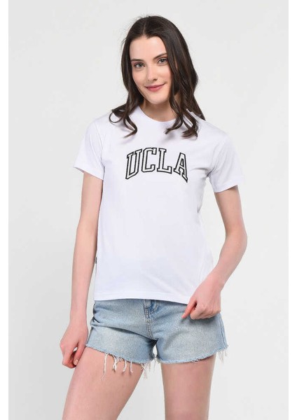 Angela Beyaz Bisiklet Yaka Nakışlı Kadın Tshirt