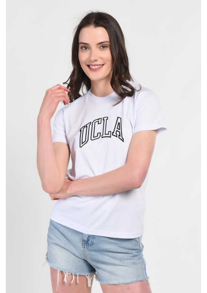 Angela Beyaz Bisiklet Yaka Nakışlı Kadın Tshirt