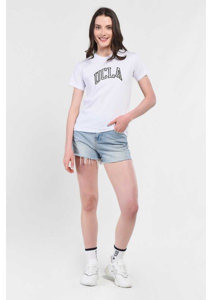 Angela Beyaz Bisiklet Yaka Nakışlı Kadın Tshirt