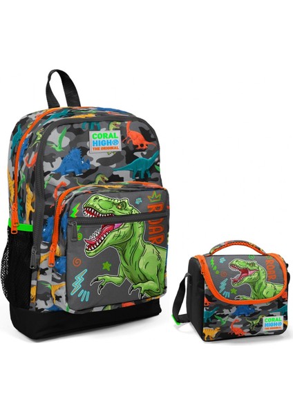 Gri Yeşil Dinazor Okul Sırt ve Beslenme Çantası Seti