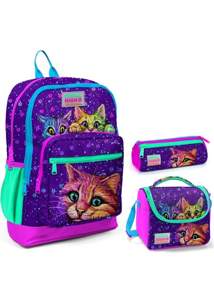 Mor Kedi Üçlü Ilkokul Okul Çanta Seti