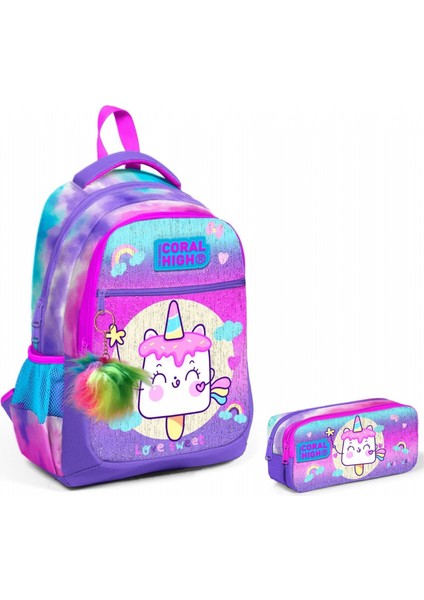 Mor Pembe Dondurma Ilkokul Okul Sırt Çantası ve Kalemlik Seti