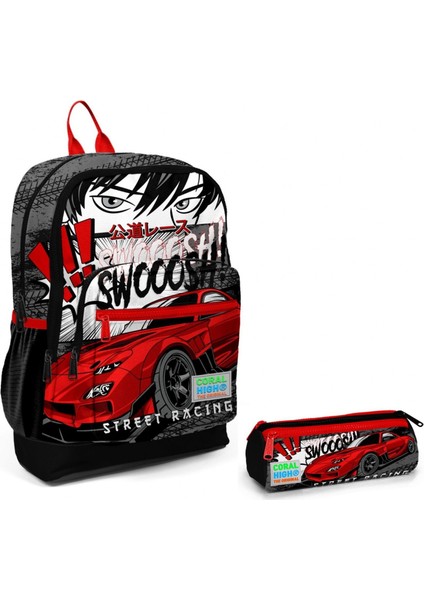 Siyah Kırmızı Araba Ilkokul Sırt Çantası ve Kalemlik Seti