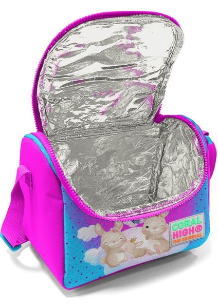 Pembe Mavi Tavşan Çekçek Okul Çantası ve Beslenme Seti - Işıklı Tekerlekler - Kız Çocuk