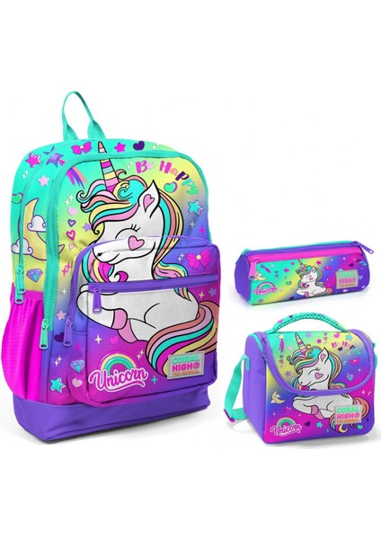 Su Yeşili Lavanta Unicorn Üçlü Ilkokul Okul Çanta Seti