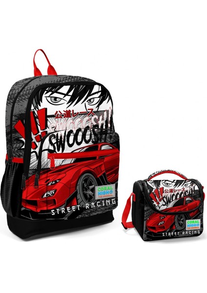 Siyah Kırmızı Araba Okul Sırt ve Beslenme Çantası Seti