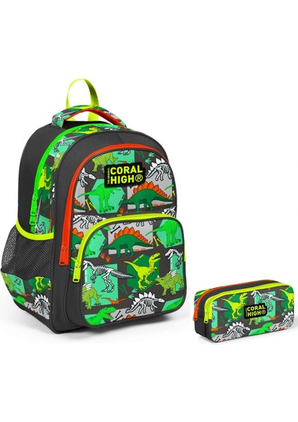Yeşil Dinazor Erkek Çocuk Ilkokul Sırt Çantası ve Kalemlik Seti