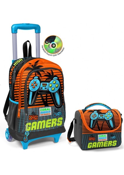 Turuncu Gamers Çekçek Okul Çantası ve Beslenme Seti - Işıklı Tekerlekler - Erkek Çocuk