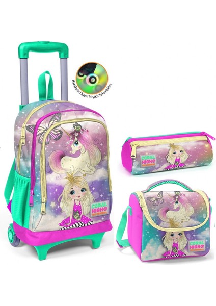 Su Yeşili Unicorn Çekçek Okul Çantası Seti - Işıklı Tekerlekler - Kız Çocuk