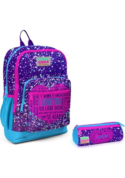 Mor Mavi Kalp Ilkokul Sırt Çantası ve Kalemlik Seti