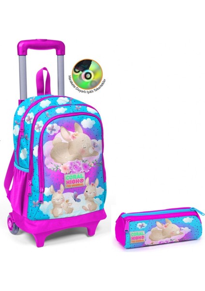 Kız Çocuk Mavi Pembe Tavşan Tekerlekli Okul Çantası ve Kalemlik Seti