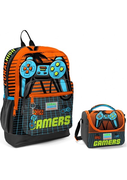 Turuncu Gamers Okul Sırt ve Beslenme Çantası Seti