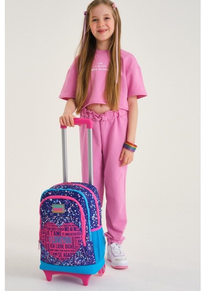 Işıklı Tekerlekli I Love You Çekçek Okul ve Seyahat Çantası Kız Çocuk Mor Mavi Pembe modelleri