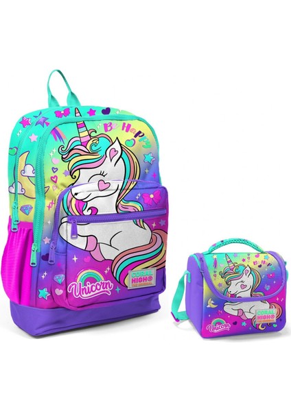 Su Yeşili Lavanta Unicorn Okul Sırt ve Beslenme Çantası Seti