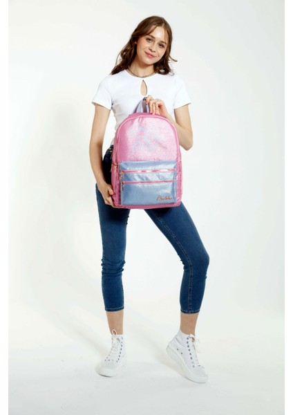 Sparkle Duble Pembe Okul Sırt Çantası - Simli Kumaş - Ortaokul Lise Günlük