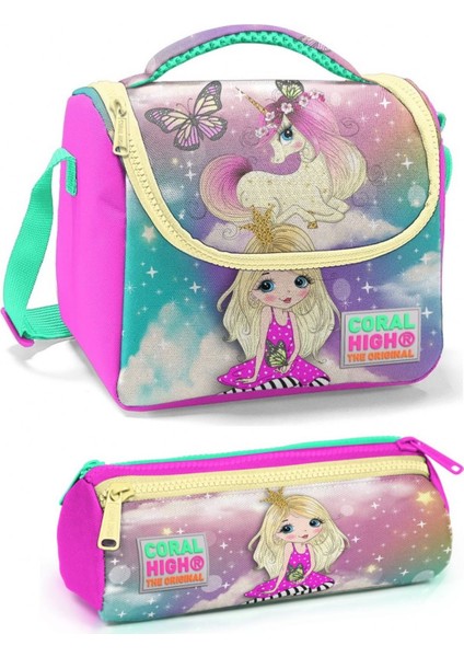 Pembe Mavi Kız ve Unicorn Kız Çocuk Beslenme Çantası Seti