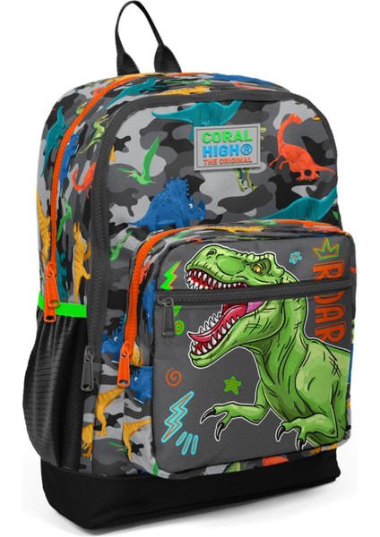 Gri Yeşil Dinazor Ilkokul ve Günlük Sırt Çantası - Erkek Çocuk - USB Soketli