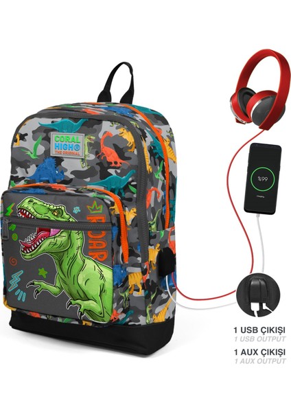 Gri Yeşil Dinazor Ilkokul ve Günlük Sırt Çantası - Erkek Çocuk - USB Soketli fiyatları