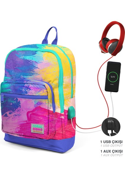 Renkli Fırça Darbeleri Ilkokul ve Günlük Sırt Çantası - Kız Çocuk - USB Soketli fiyatları
