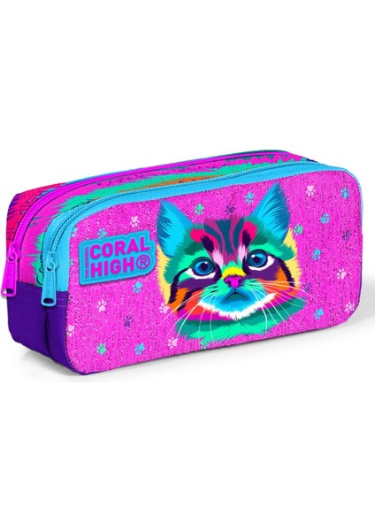 Kids Iki Bölmeli Kız Çocuk Mor Kedi Kalem Çantası Kalemlik
