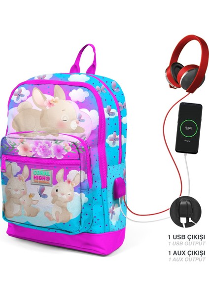 Mavi Pembe Tavşan Ilkokul ve Günlük Sırt Çantası - Kız Çocuk - USB Soketli fiyatları