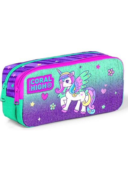 Iki Bölmeli Kız Çocuk Yeşil Mor Unicorn Kalem Çantası Kalemlik