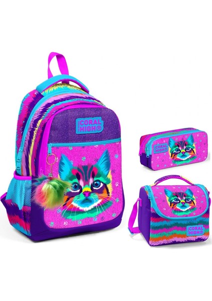 Kız Çocuk Mor Pembe Kedi Üçlü Ilkokul Okul Çanta Seti