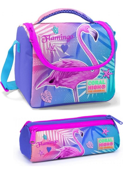 Kız Çocuk Mavi Pembe Flamingo Beslenme Çantası Seti