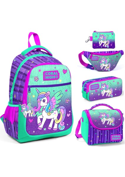 Yeşil Mor Pegasus Beşli Okul ve Günlük Çanta Seti - Kız Çocuk