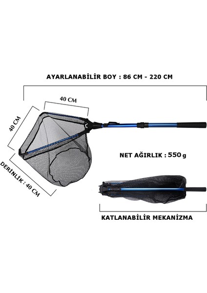 Katlanabilir Teleskopik Alüminyum Alaşım Mavi Balıkçı Kepçesi