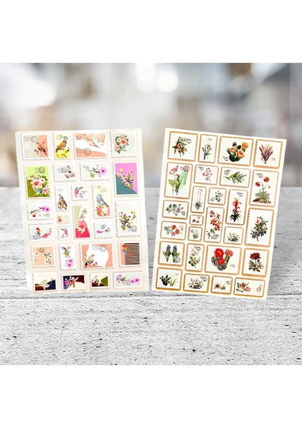 Tuğset Etiket Pul Şeklinde Sticker Etiket Seti  -Planner - Ajanda - Bullet Journal Için Uygun Set 52 Adet