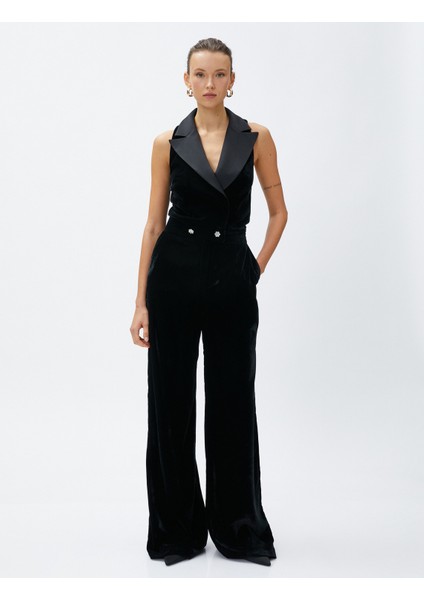 Kadife Abiye Tulum Ceket Yaka Kolsuz Bol Paça modelleri