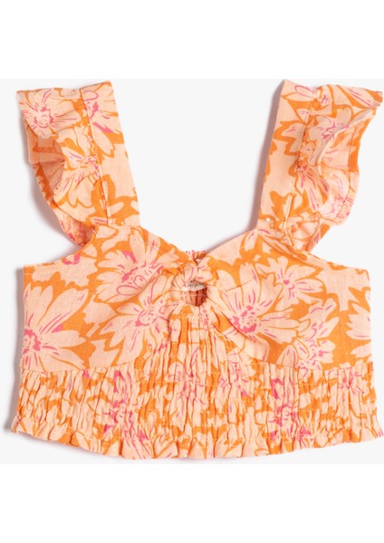 Keten Crop Bluz Kolsuz Çiçekli Gipe Detaylı